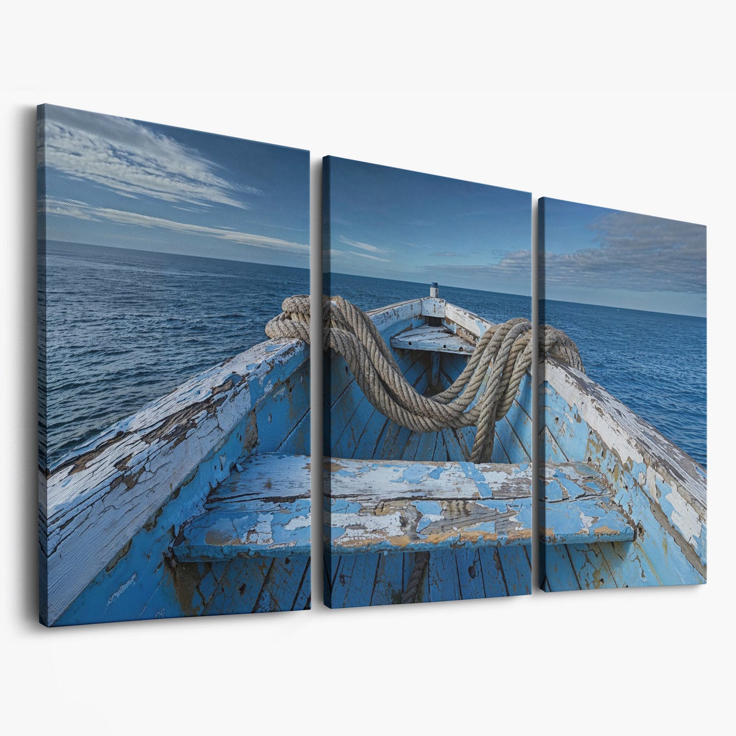 Old Boat on Calm Waters Canvas Art as 3-panel split version