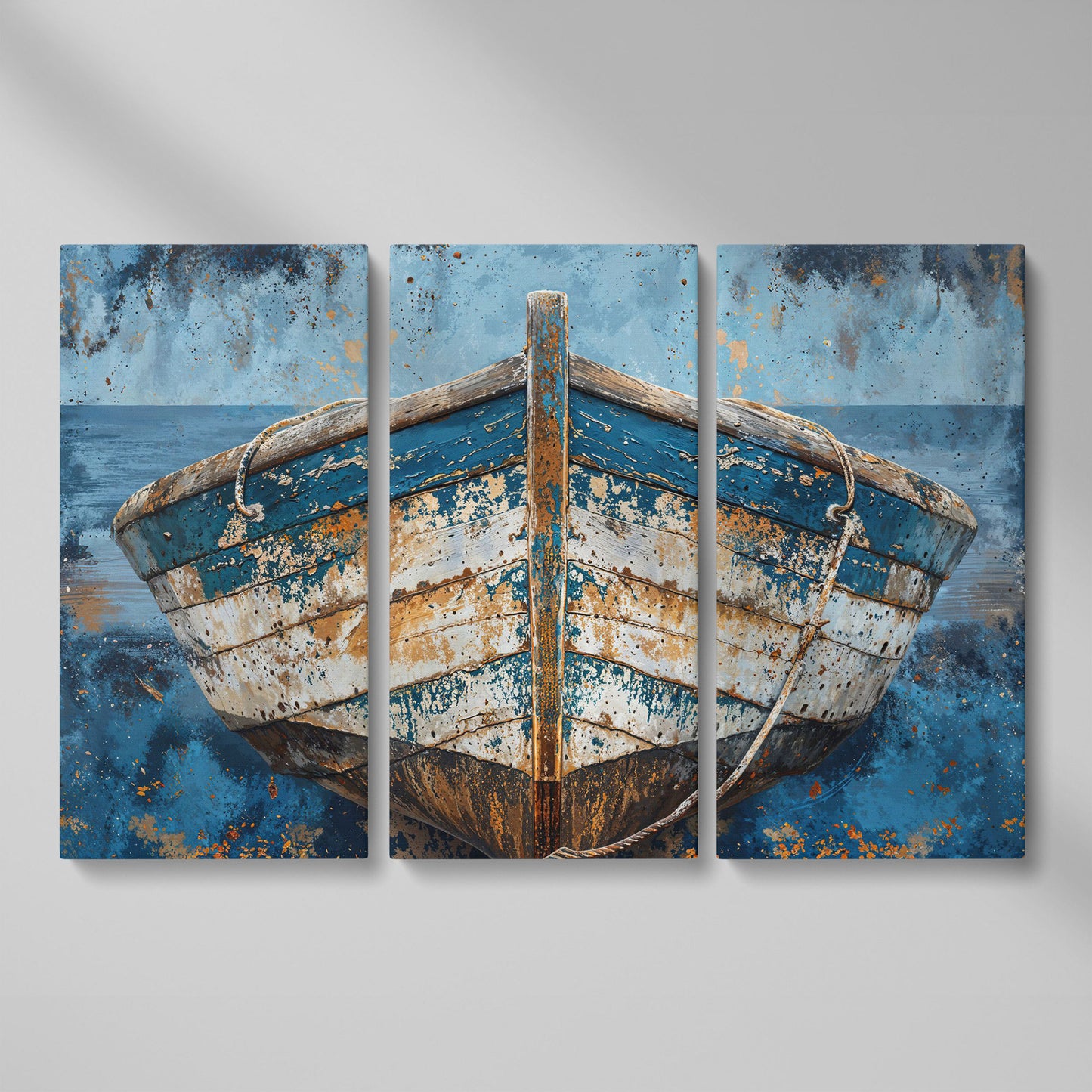 Vintage Wooden Boat Canvas as 3-panel split version