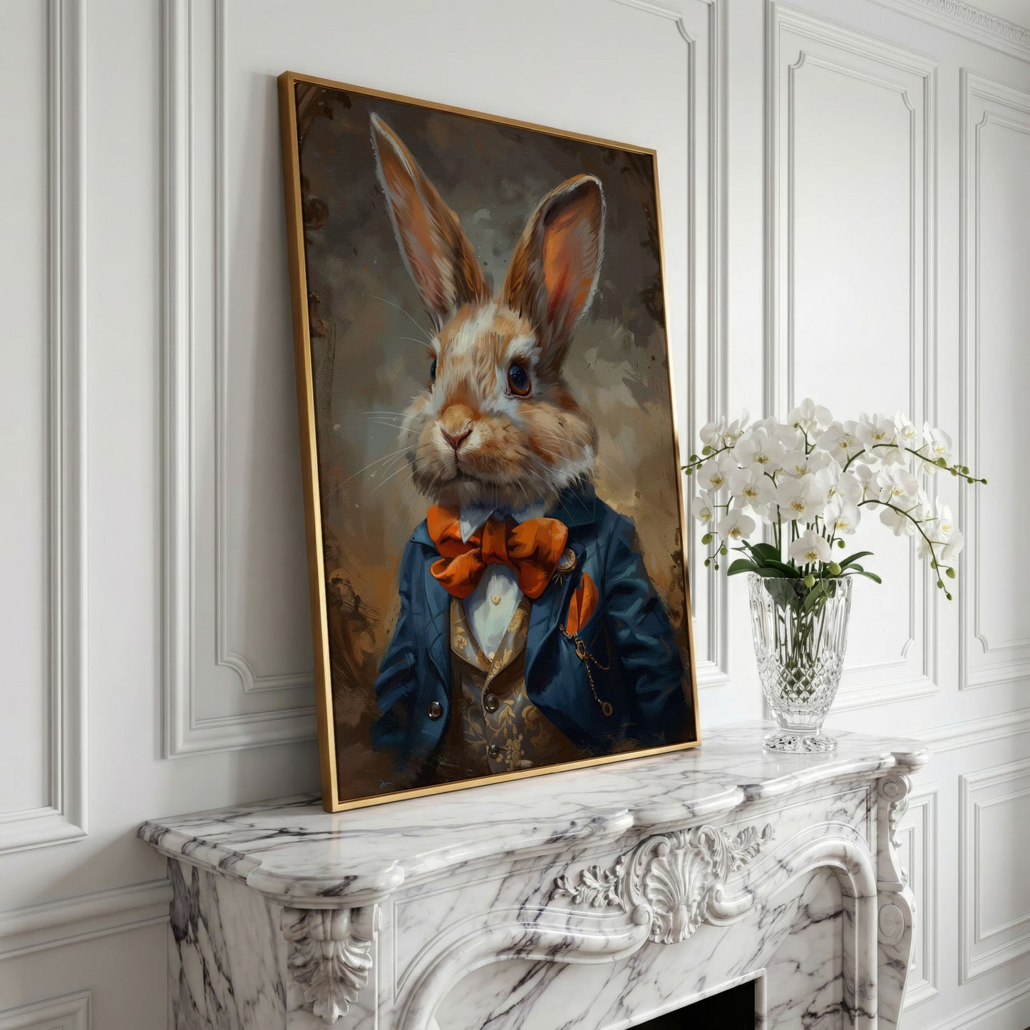 Elegant Bunny Portrait Canvas in yellow gold floating frame