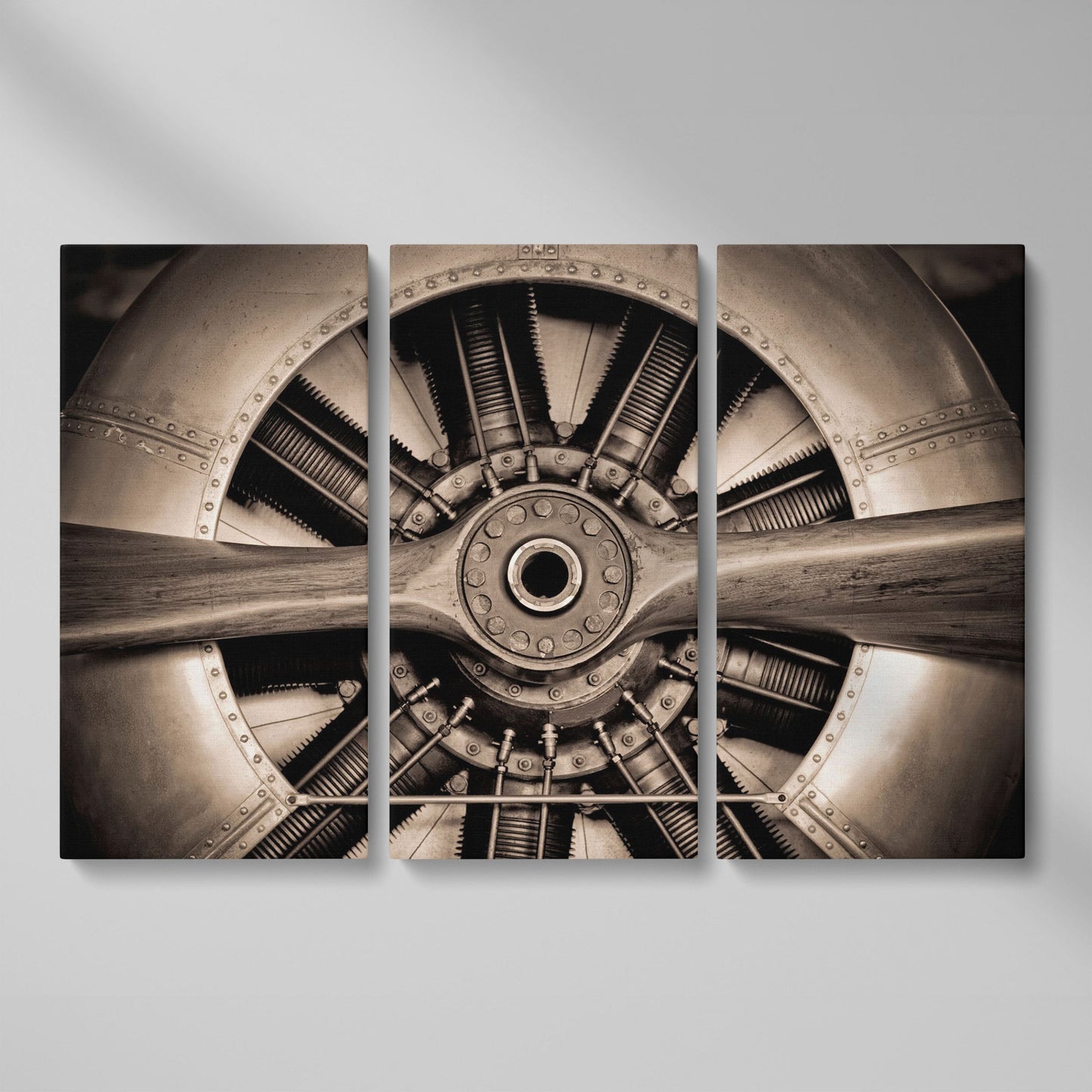Vintage Aircraft Engine Canvas Wall Art as 3-panel split version