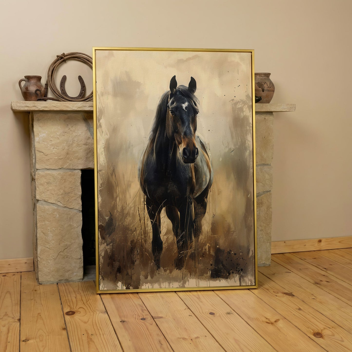 Enchanted Black Horse in Abstract Grass Canvas in yellow gold floating frame