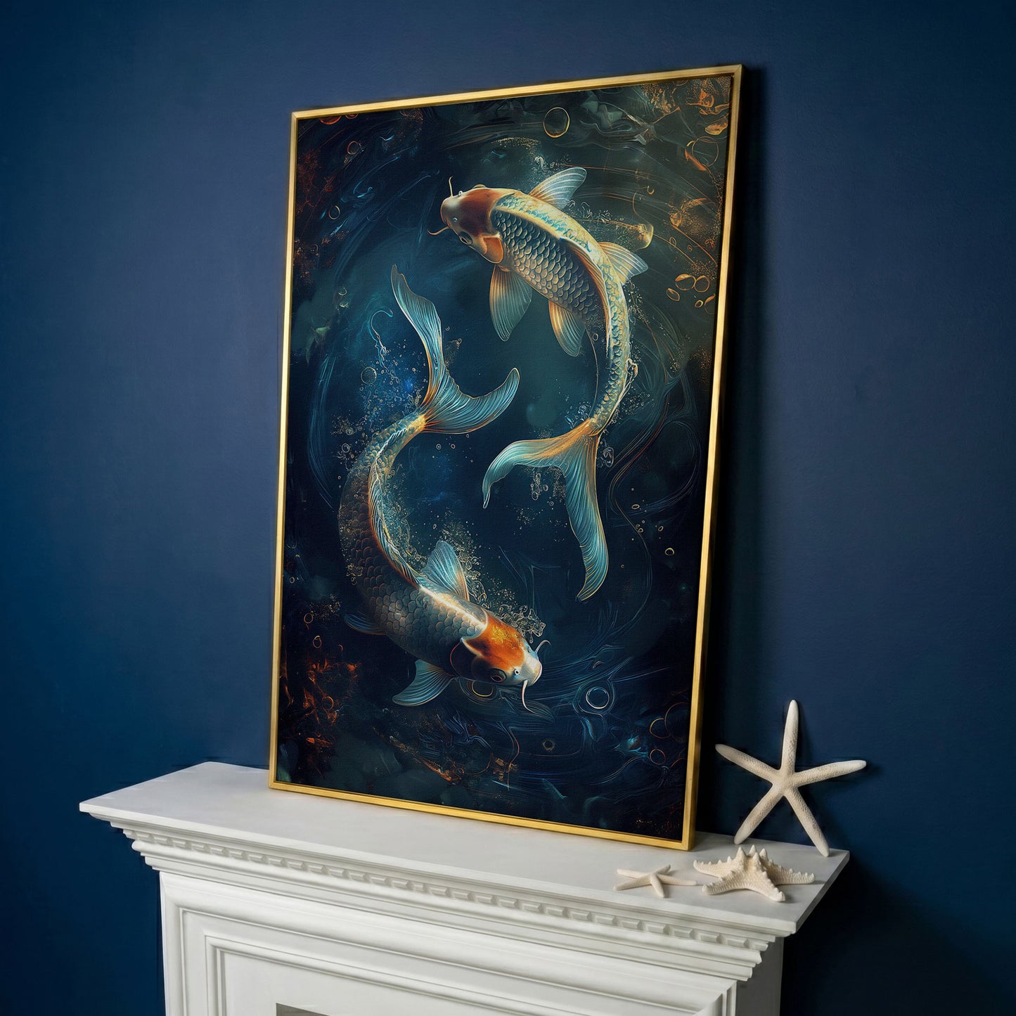 Koi Fish in Pond Canvas Print in yellow gold floating frame