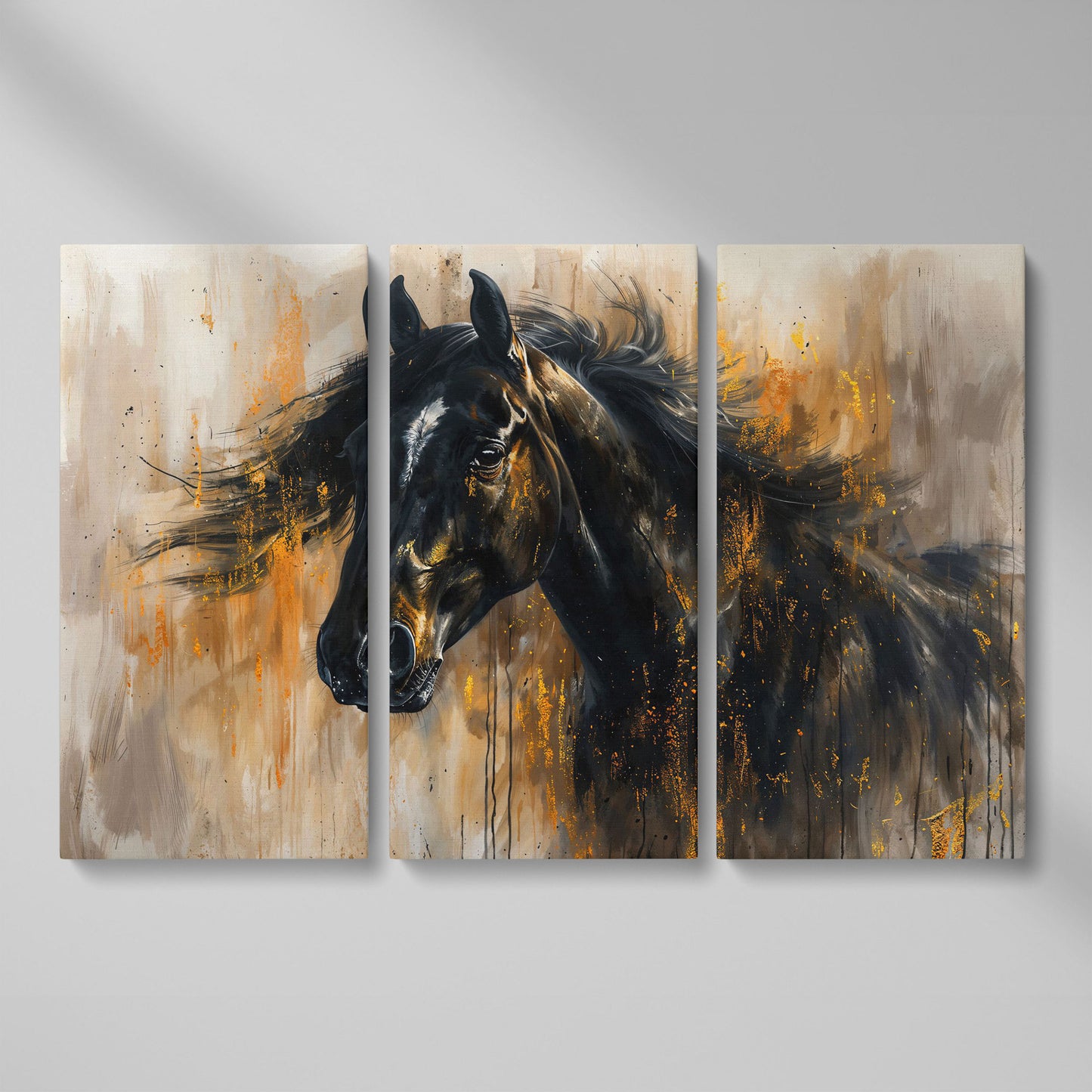 Black Stallion Profile Canvas Print with Gold Accents as 3-panel split version