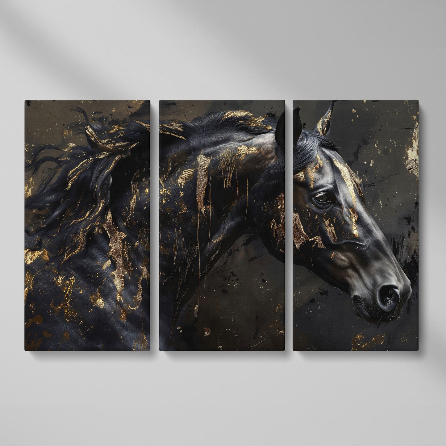 Black Horse Head Canvas with Gold Accents as 3-panel split version