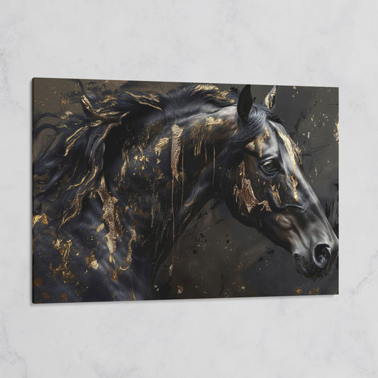 Black Horse Head Canvas with Gold Accents on gallery wrap