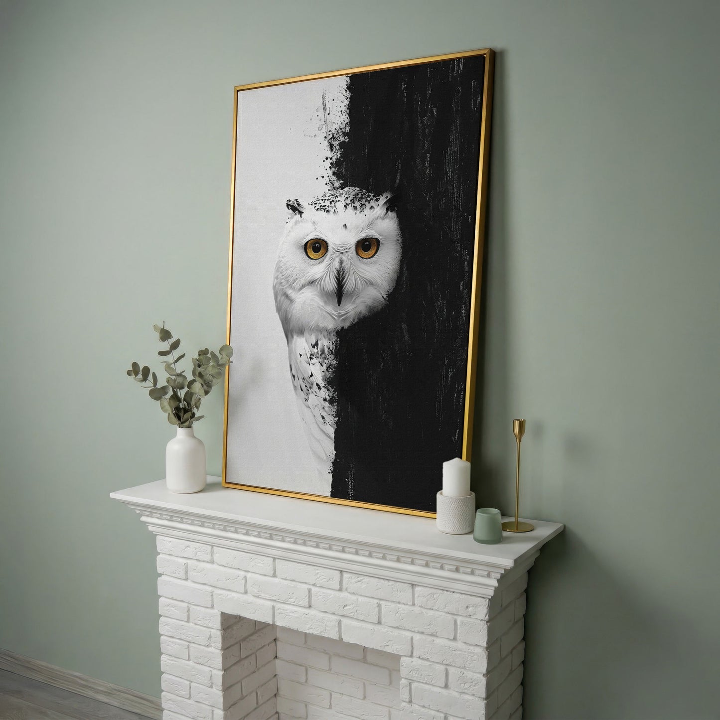 Snowy Owl Canvas with Amber Eyes in yellow gold floating frame