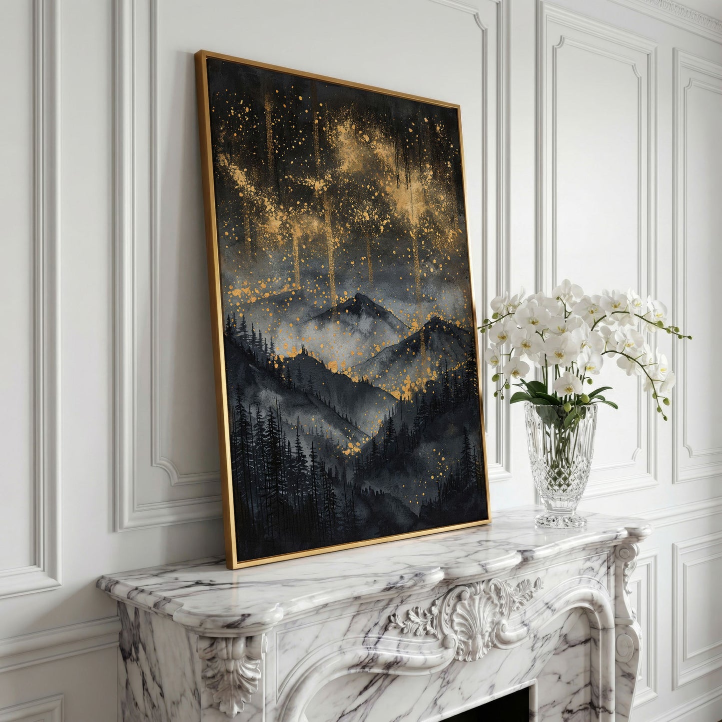 Gold and Black Mountain Abstract Canvas in yellow gold floating frame