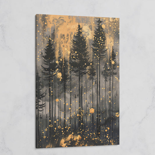 Pine Forest Silhouette with Gold Starry Night Canvas on gallery wrap