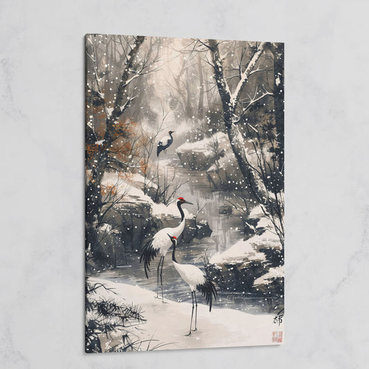 Red Cranes in Winter Forest Canvas on gallery wrap