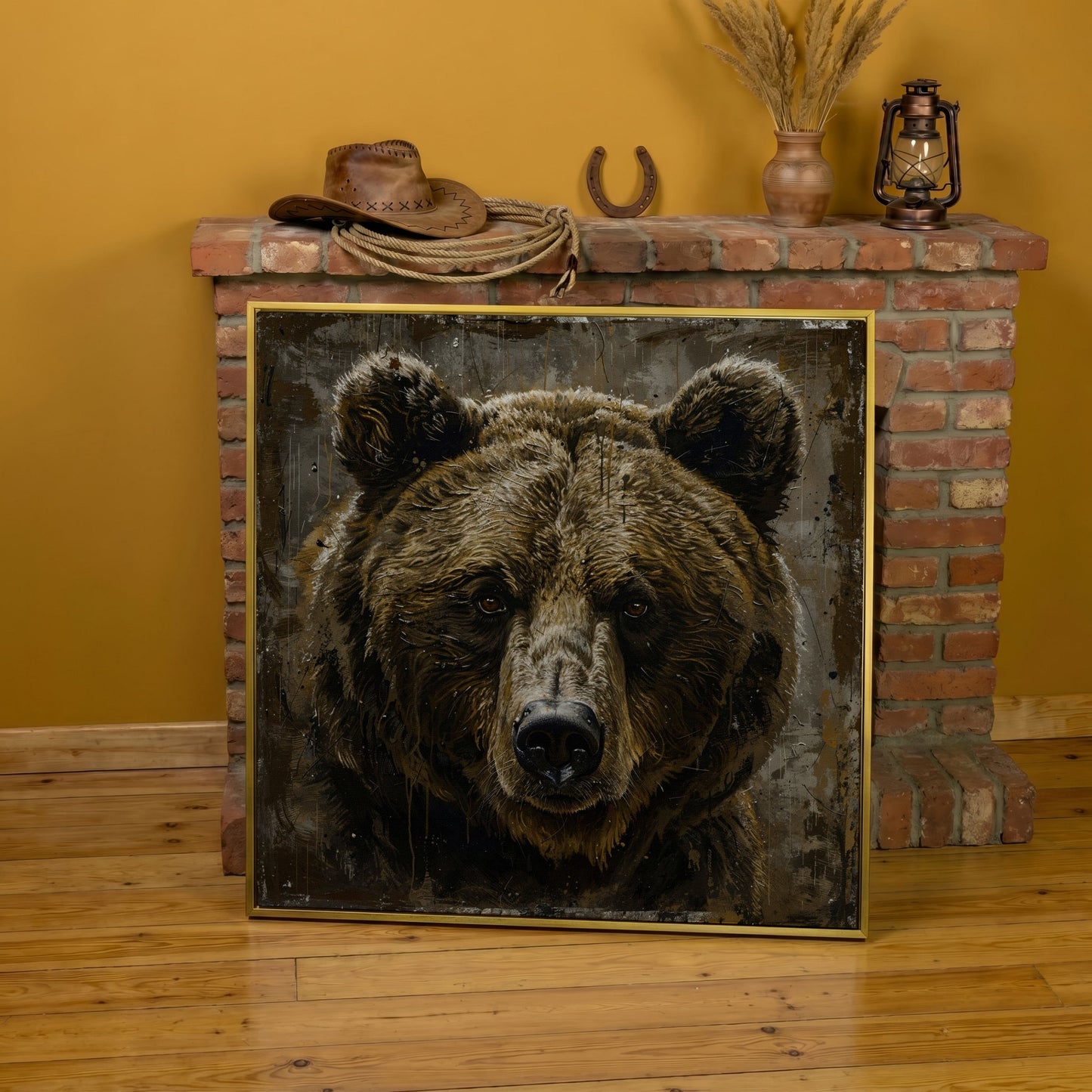Grizzly Bear Canvas Print, Square in yellow gold floating frame