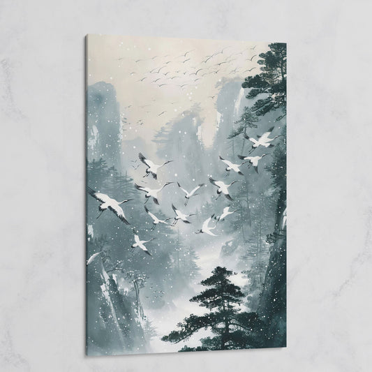 Japanese Cranes in Winter Forest Canvas on gallery wrap