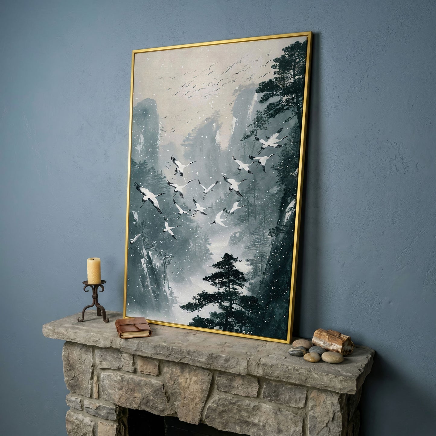 Japanese Cranes in Winter Forest Canvas in yellow gold floating frame