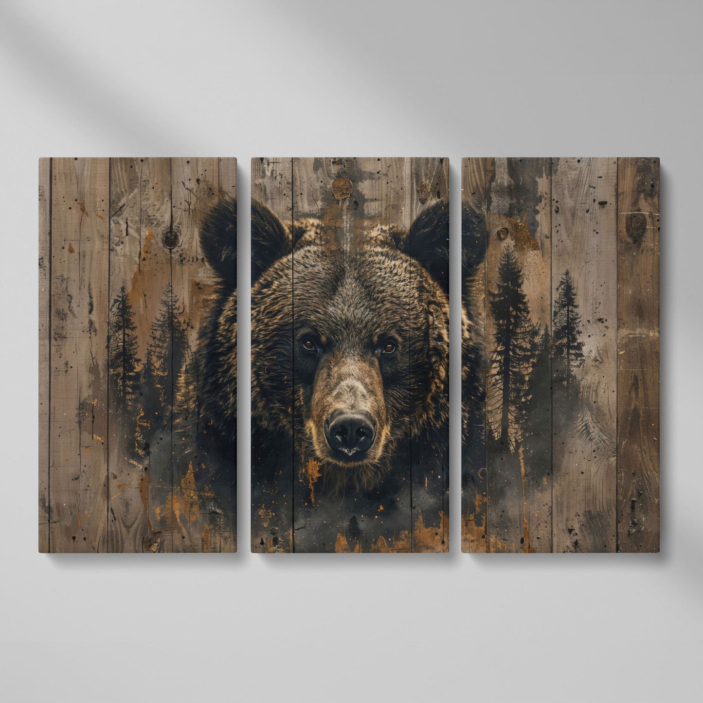Brown Bear with Pine Trees Canvas Print as 3-panel split version