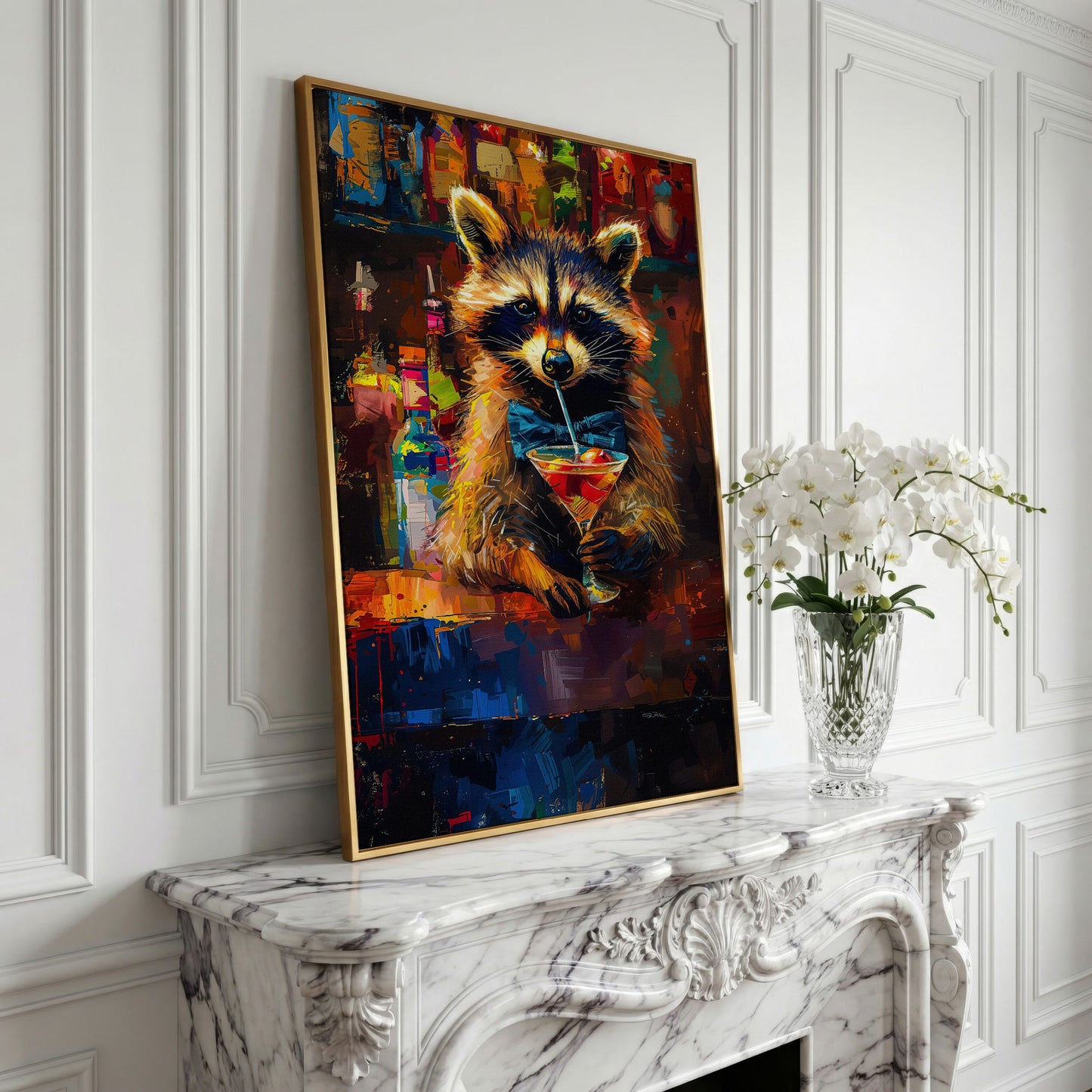 Raccoon at the Bar Canvas Print in yellow gold floating frame