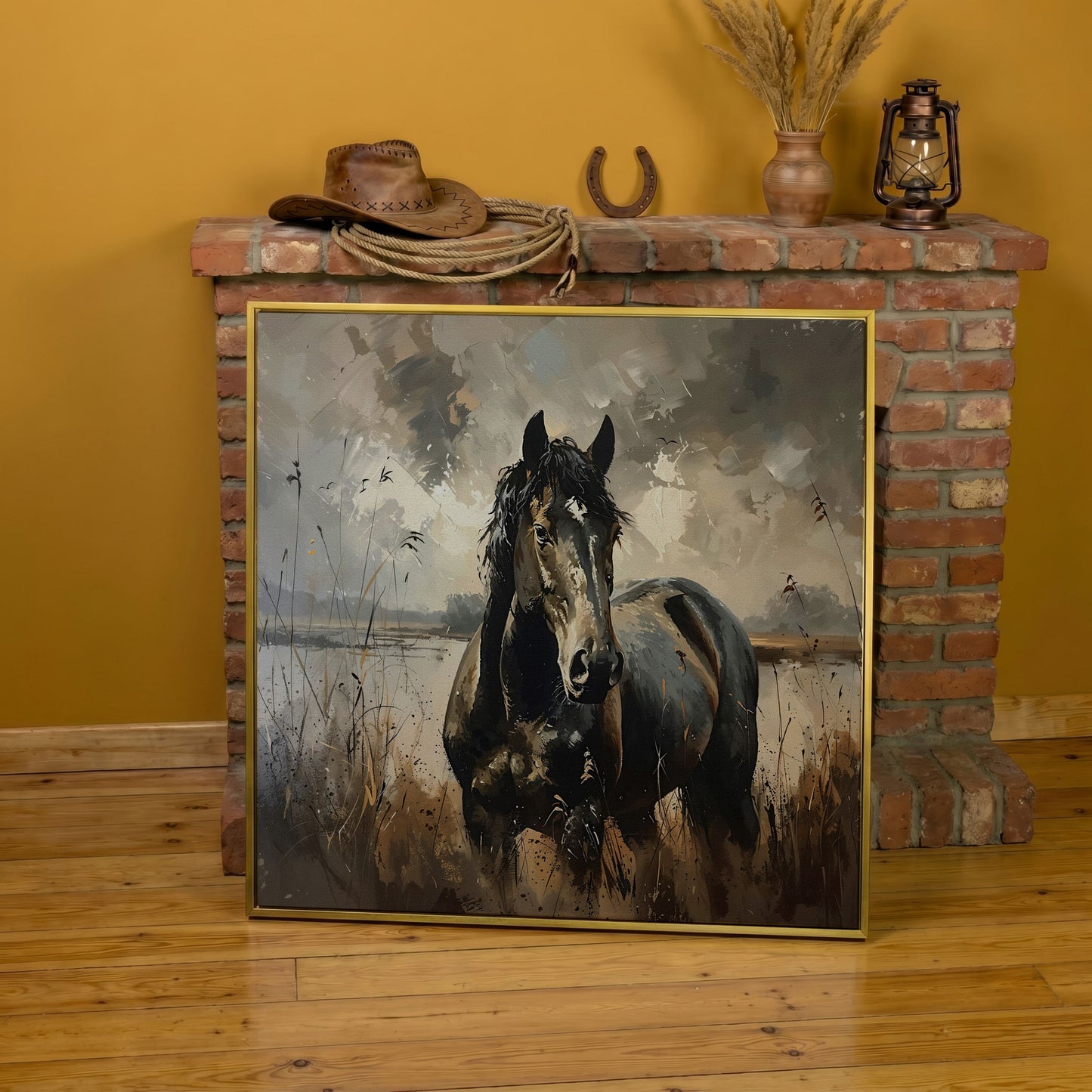 Brown Horse in Open Field Canvas in yellow gold floating frame