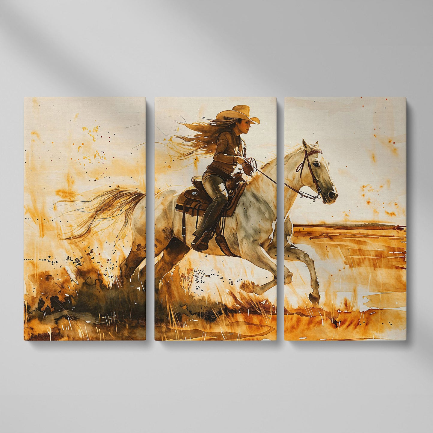 Cowgirl and White Horse Canvas Wall Art as 3-panel split version