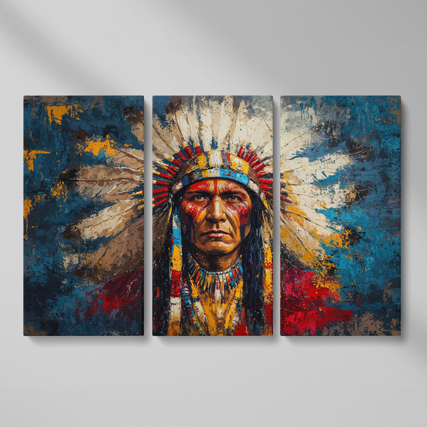 Native American Chief Portrait in Ochre and Cerulean canvas as 3-panel split version