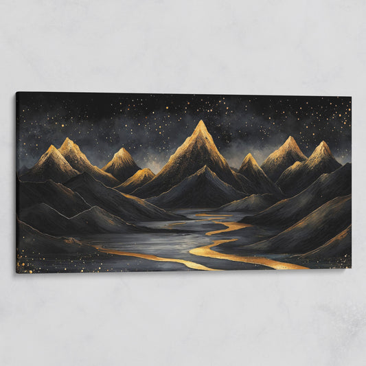 Night Mountain Landscape with Golden Stars Canvas on gallery wrap