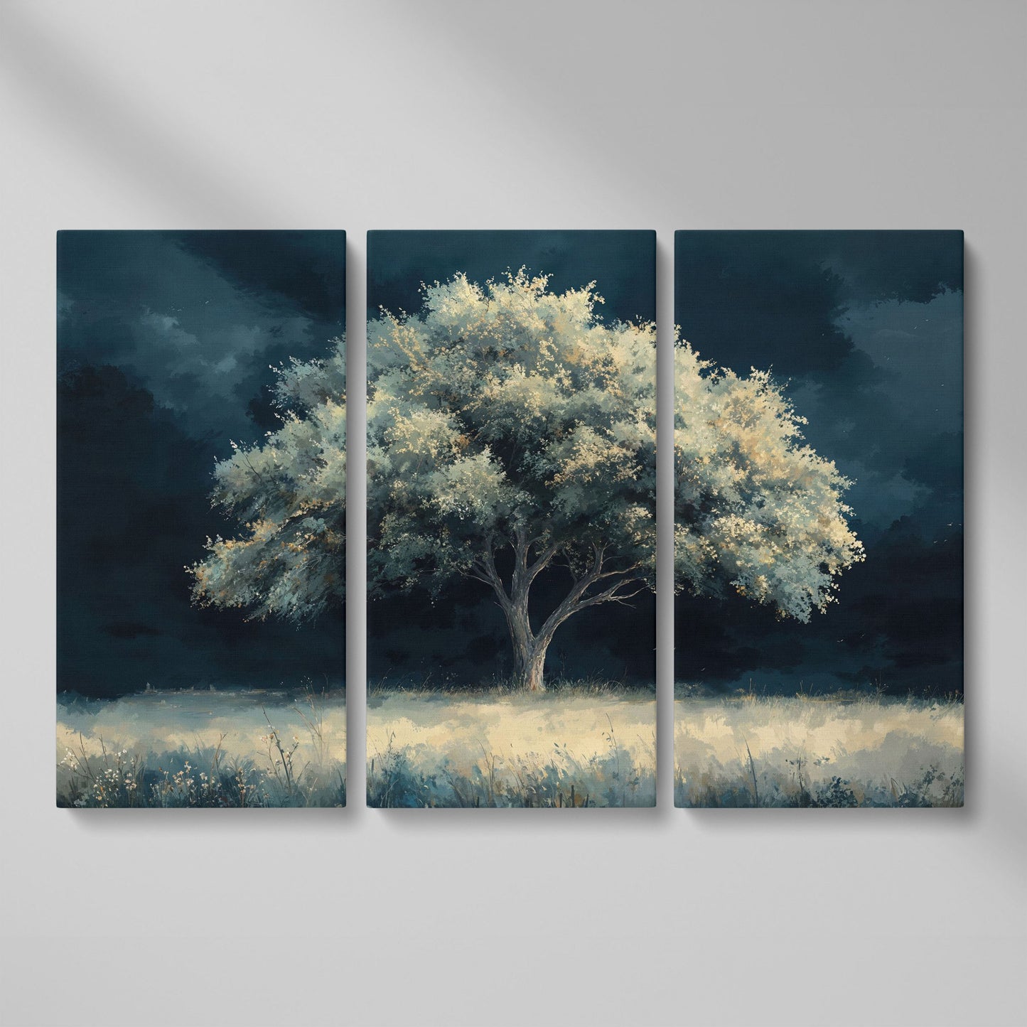Solitary Tree in Indigo Landscape Canvas as 3-panel split version