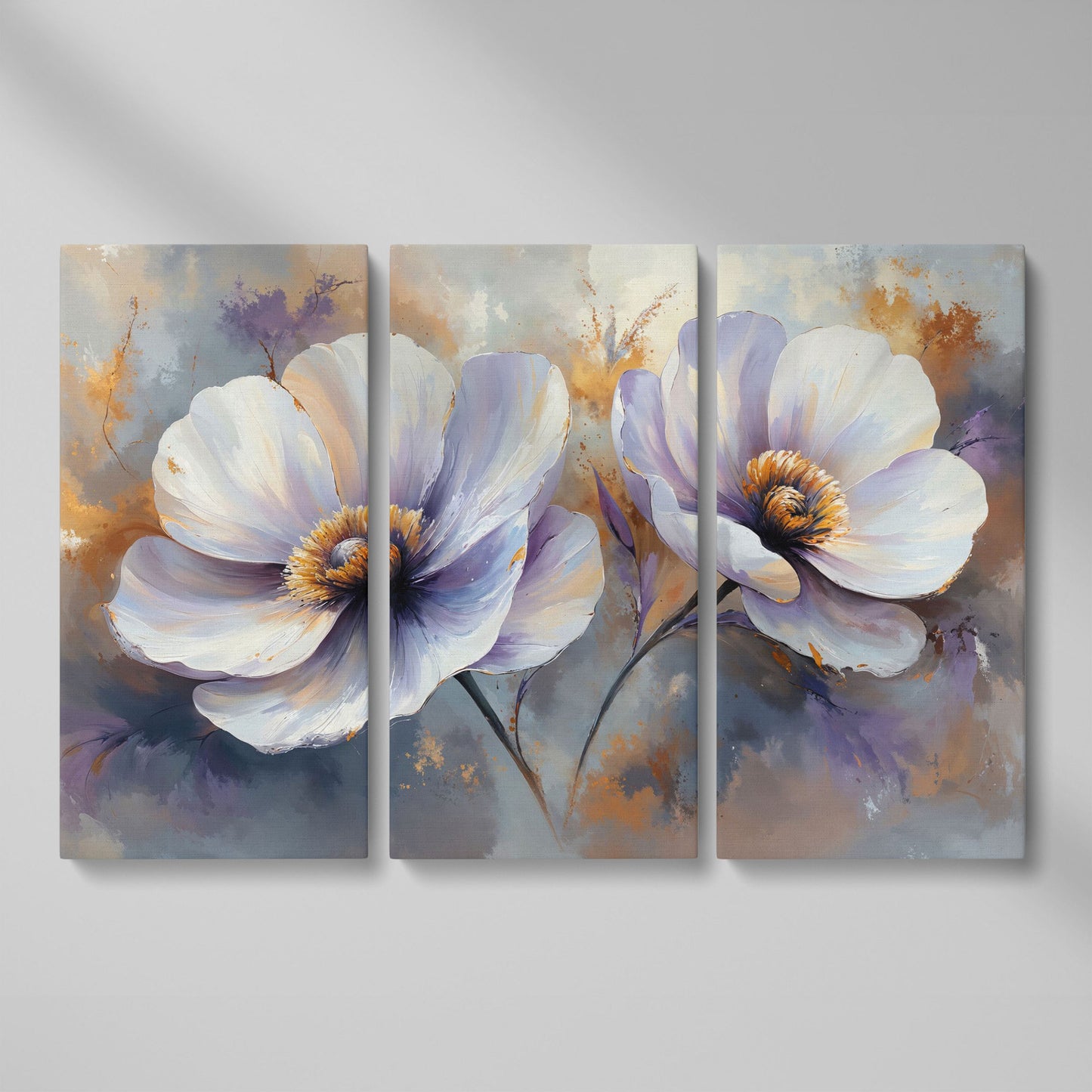White and Purple Floral Canvas Print with Gold Accents as 3-panel split version