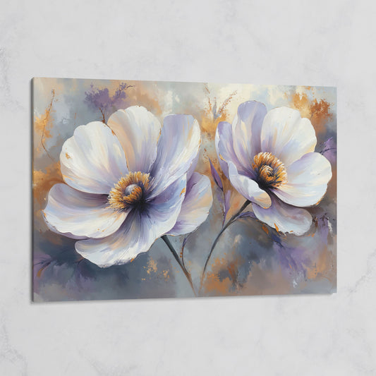 White and Purple Floral Canvas Print with Gold Accents on gallery wrap