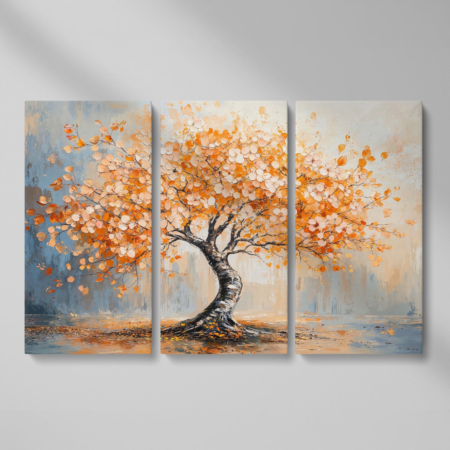 Autumn Tree Canvas Print in Burnt Orange & Dusty Blue as 3-panel split version