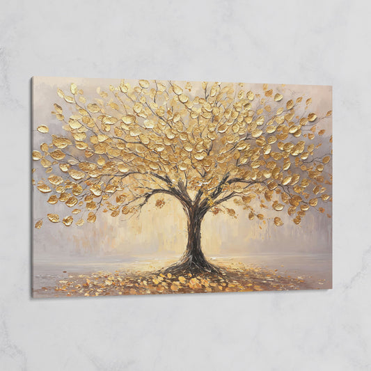 Golden Tree Canvas Print with Elegant Leaves on gallery wrap
