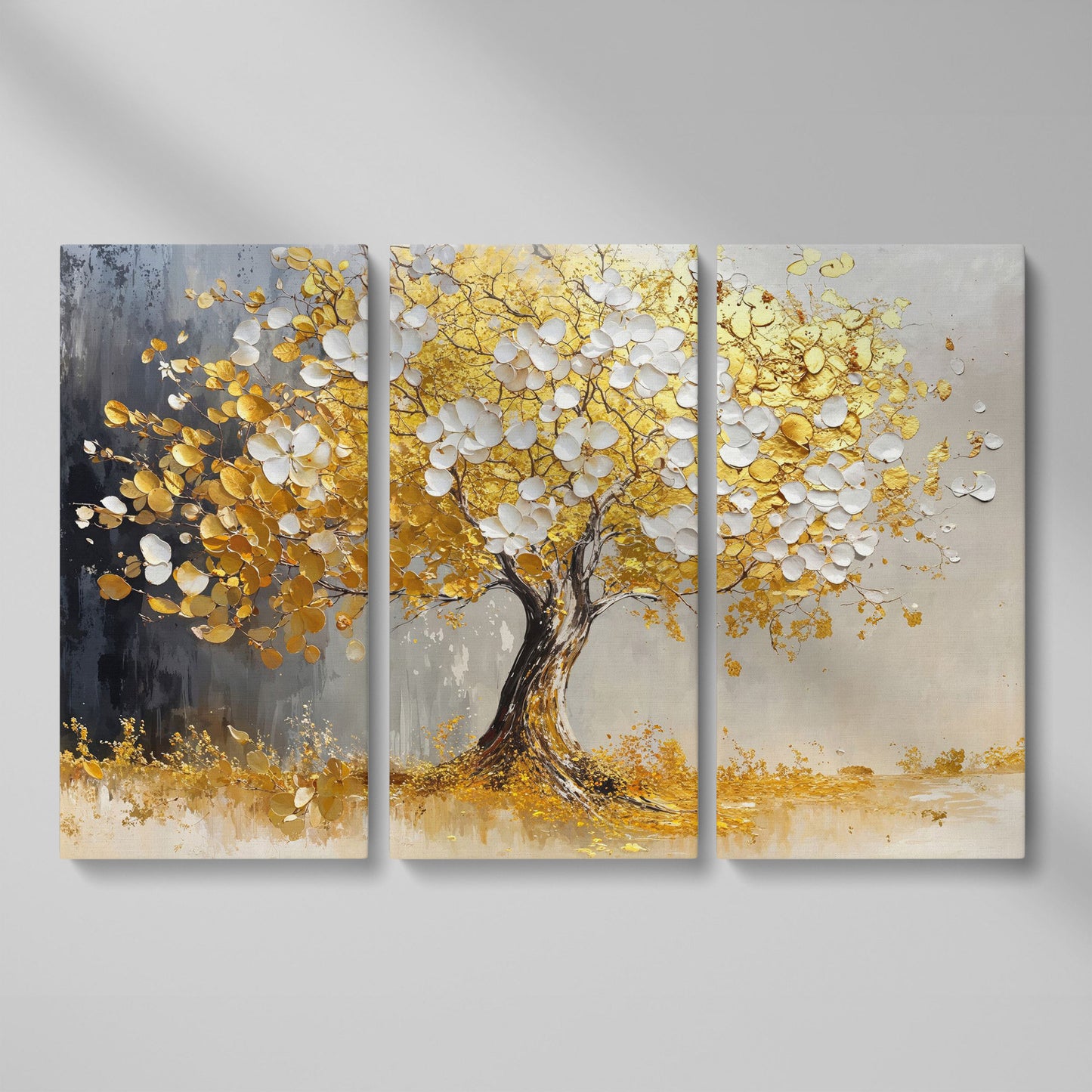Gold and White Leaf Tree Canvas as 3-panel split version