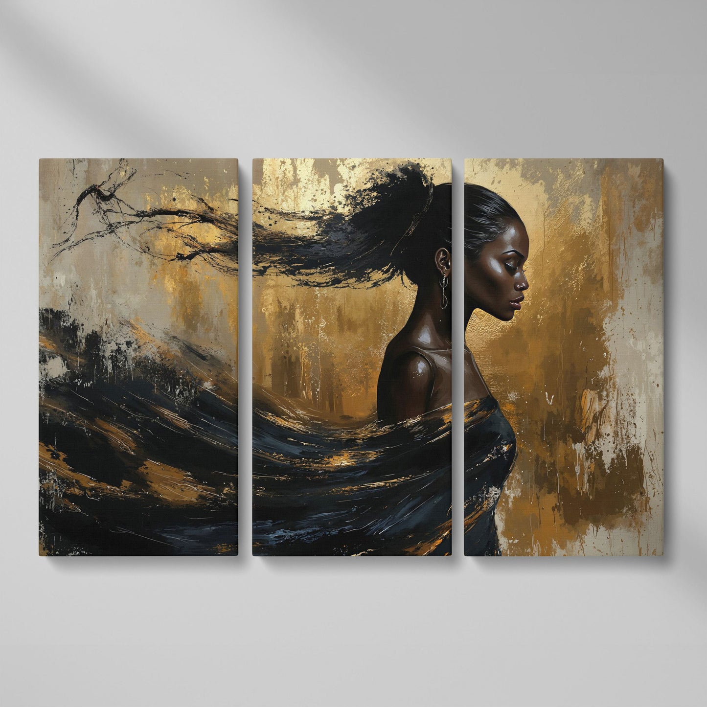 Sophisticated Woman Portrait Canvas Print in Ebony & Gold as 3-panel split version