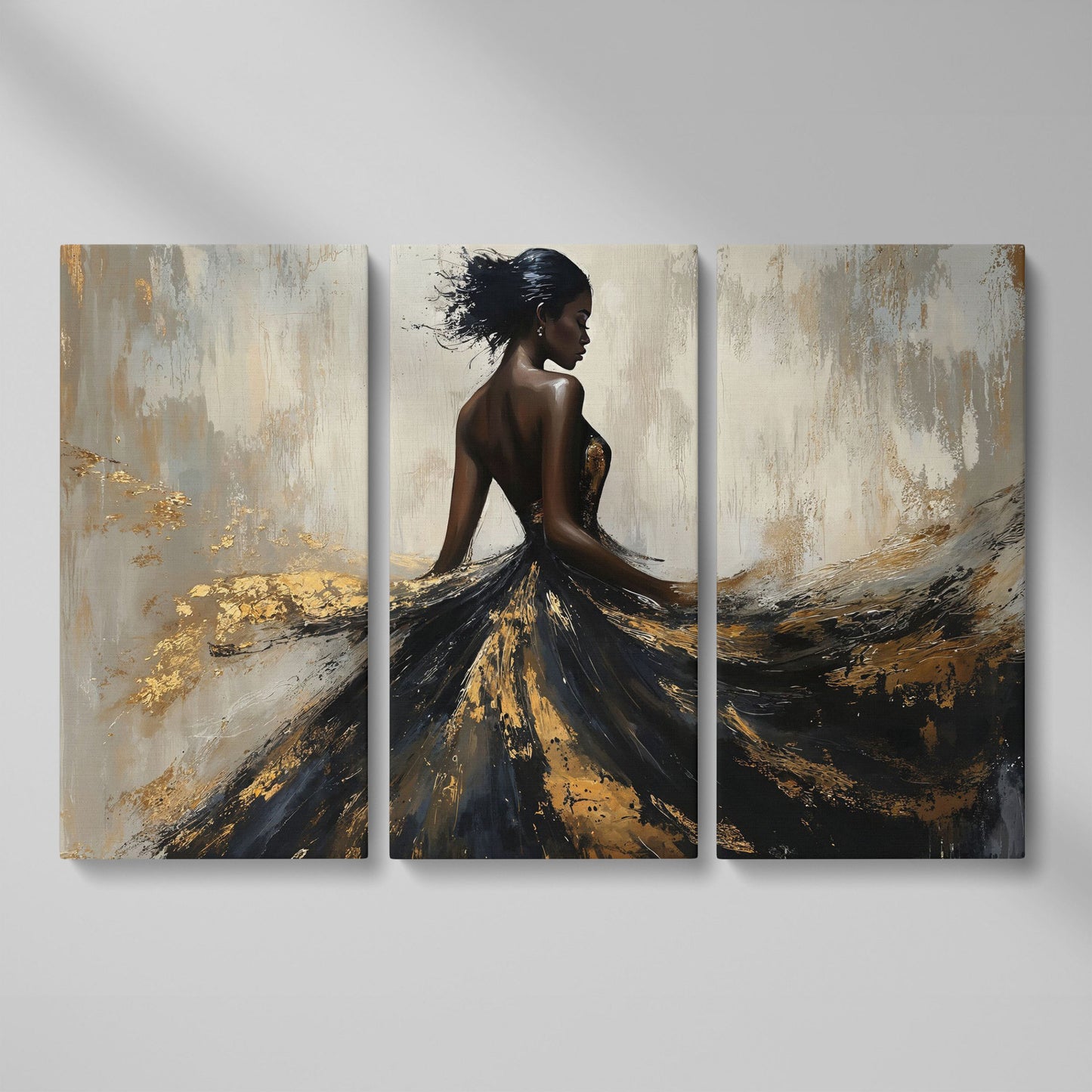 Woman in Flowing Dress Canvas Print, Back View in Black & Gold as 3-panel split version