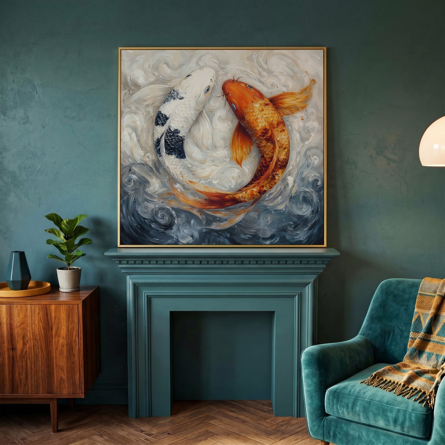 Colorful Koi Fish Abstract Canvas in yellow gold floating frame