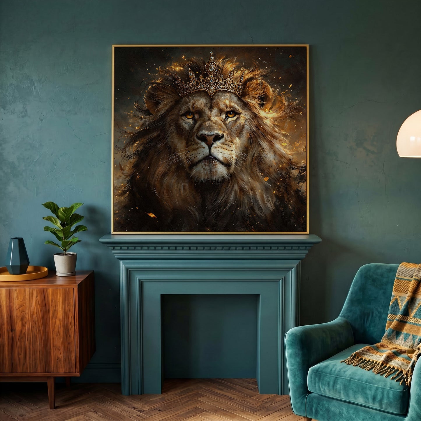 Lion with Crown Canvas Print in yellow gold floating frame