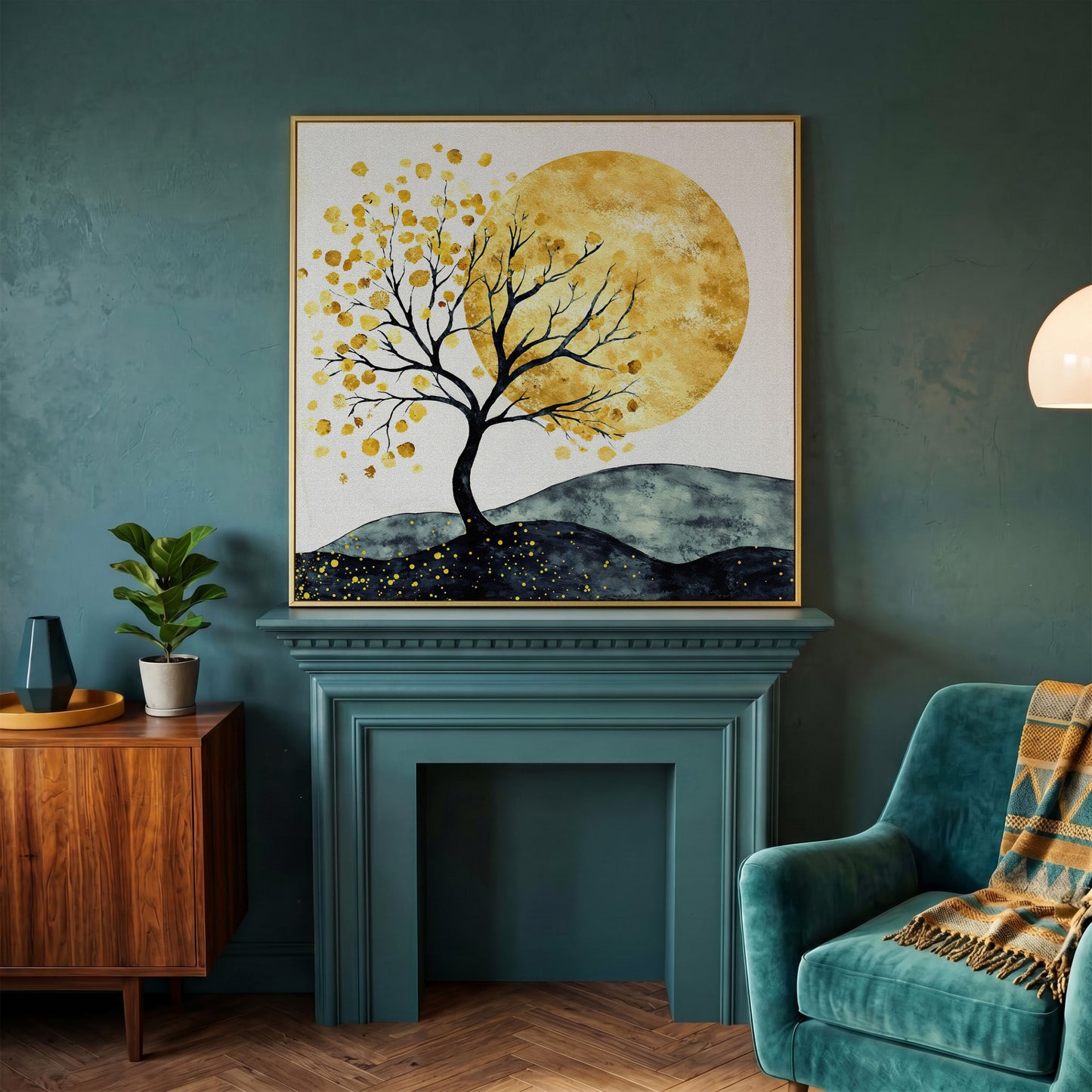 Golden Sun and Tree Abstract Autumn Canvas in yellow gold floating frame