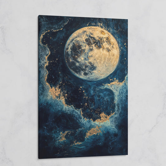 Celestial Blue and Gold Moon Canvas Print on gallery wrap
