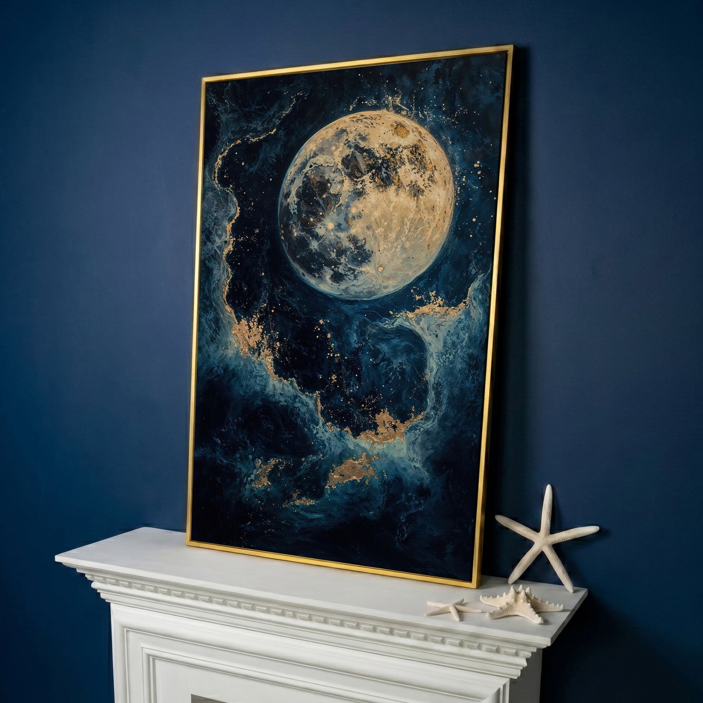 Celestial Blue and Gold Moon Canvas Print in yellow gold floating frame