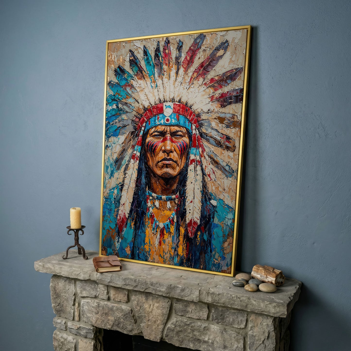 Native American Chief Portrait Canvas in Turquoise & Ochre in yellow gold floating frame