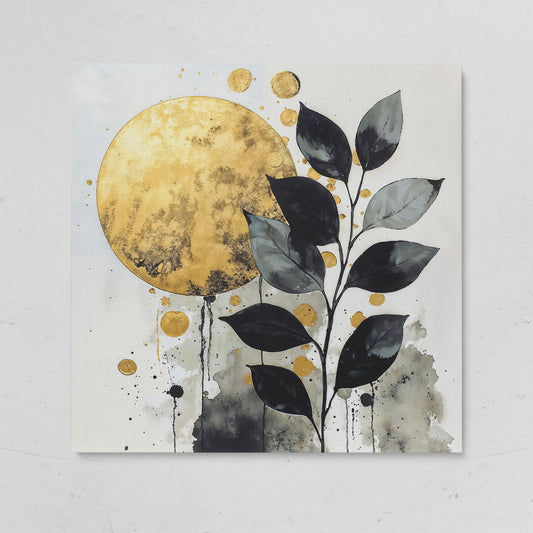Abstract Gold Sun and Leaves Canvas on gallery wrap