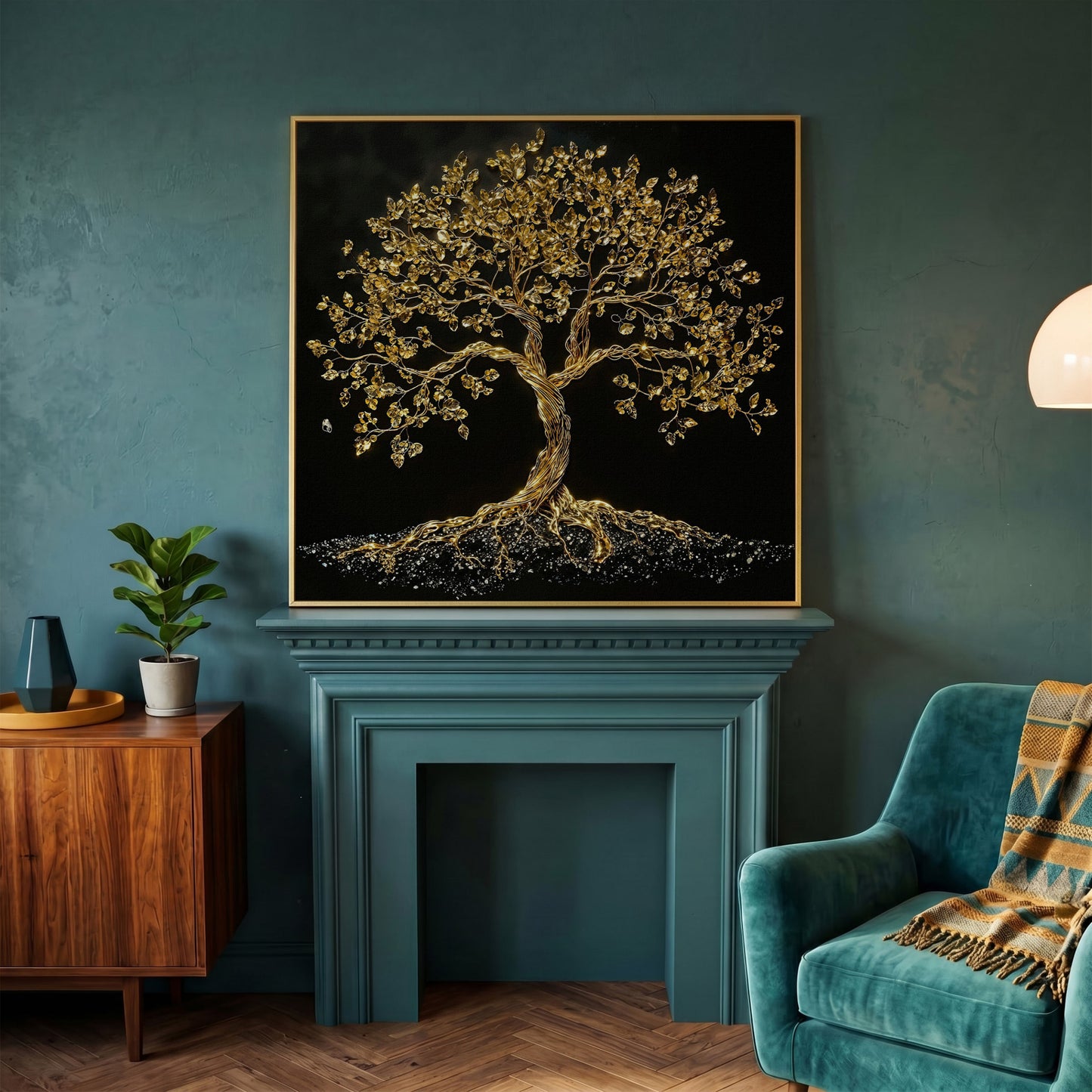 Gold Tree of Life Canvas Art, Abstract Twisted Trunk, Square Wall Art in yellow gold floating frame