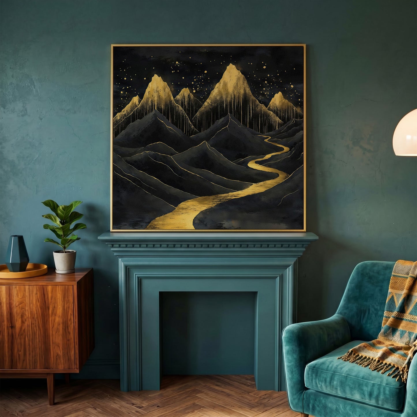 Surreal Black and Gold Mountains Canvas in yellow gold floating frame