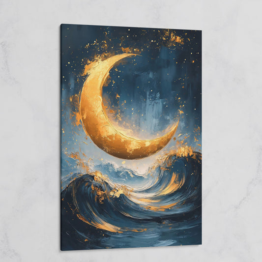 Golden Crescent Moon Over Ocean Waves Canvas on gallery wrap