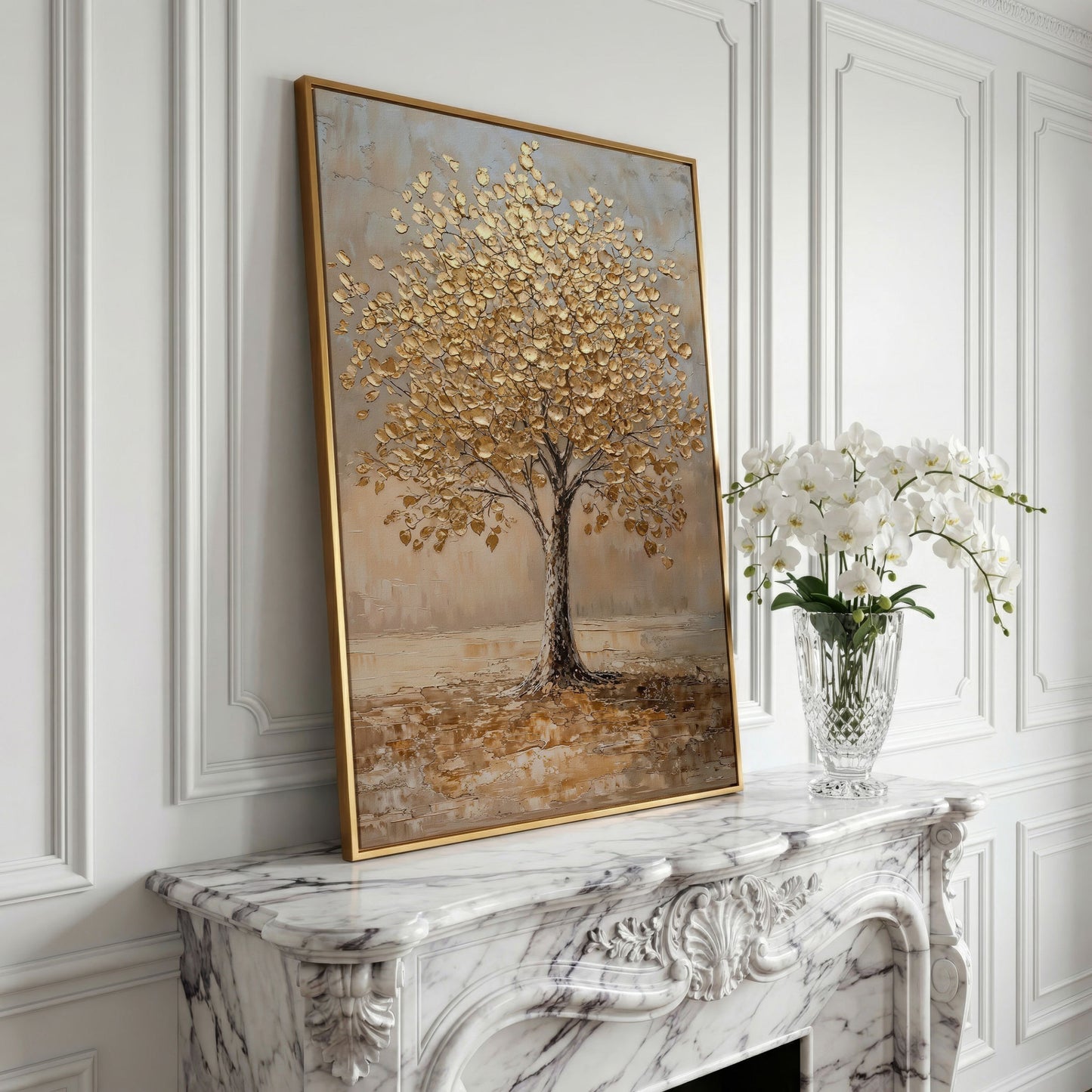 Tree with Golden Leaves Canvas Print in yellow gold floating frame
