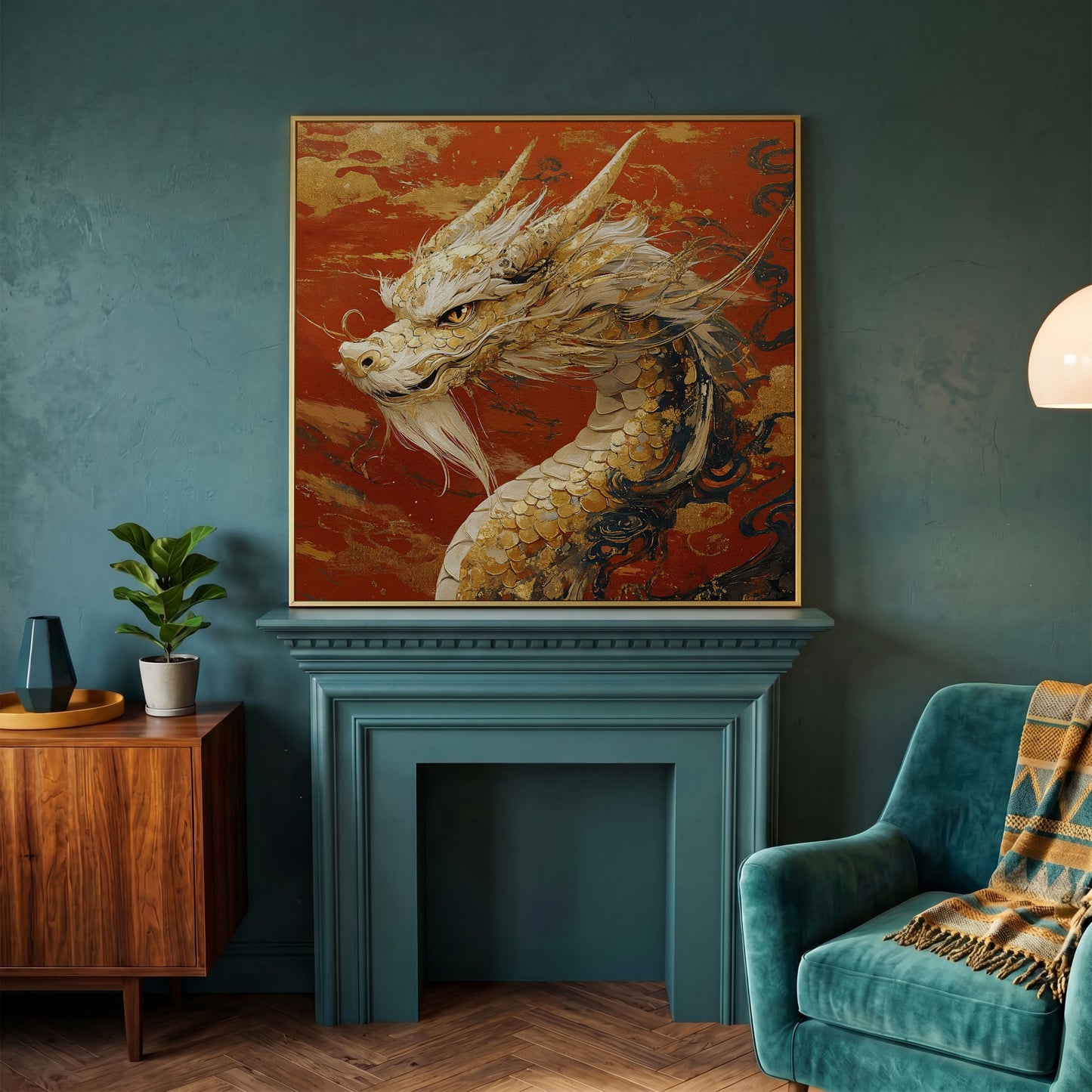 Golden Dragon Abstract Canvas Print in yellow gold floating frame