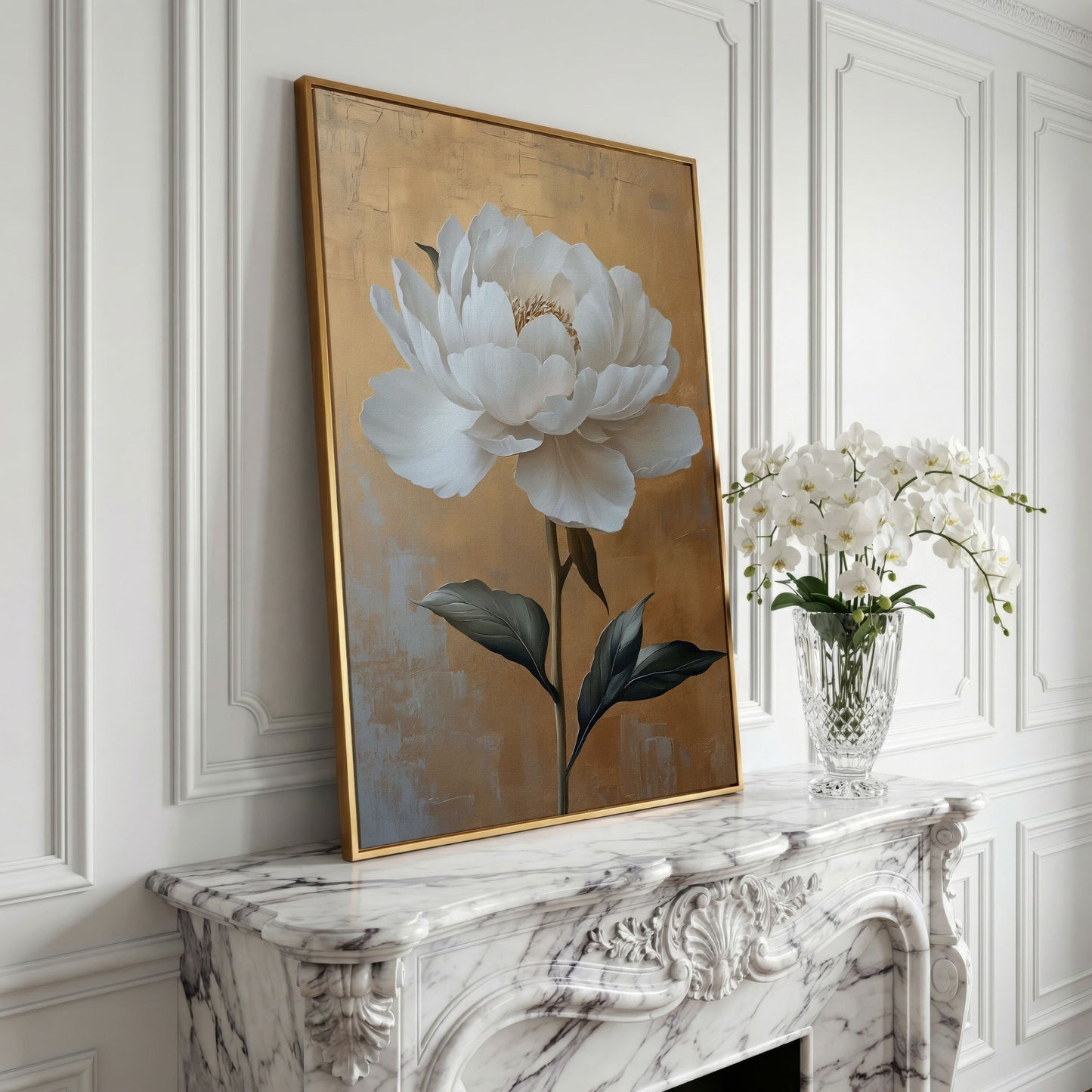 White Peony on Gold Canvas Print in yellow gold floating frame