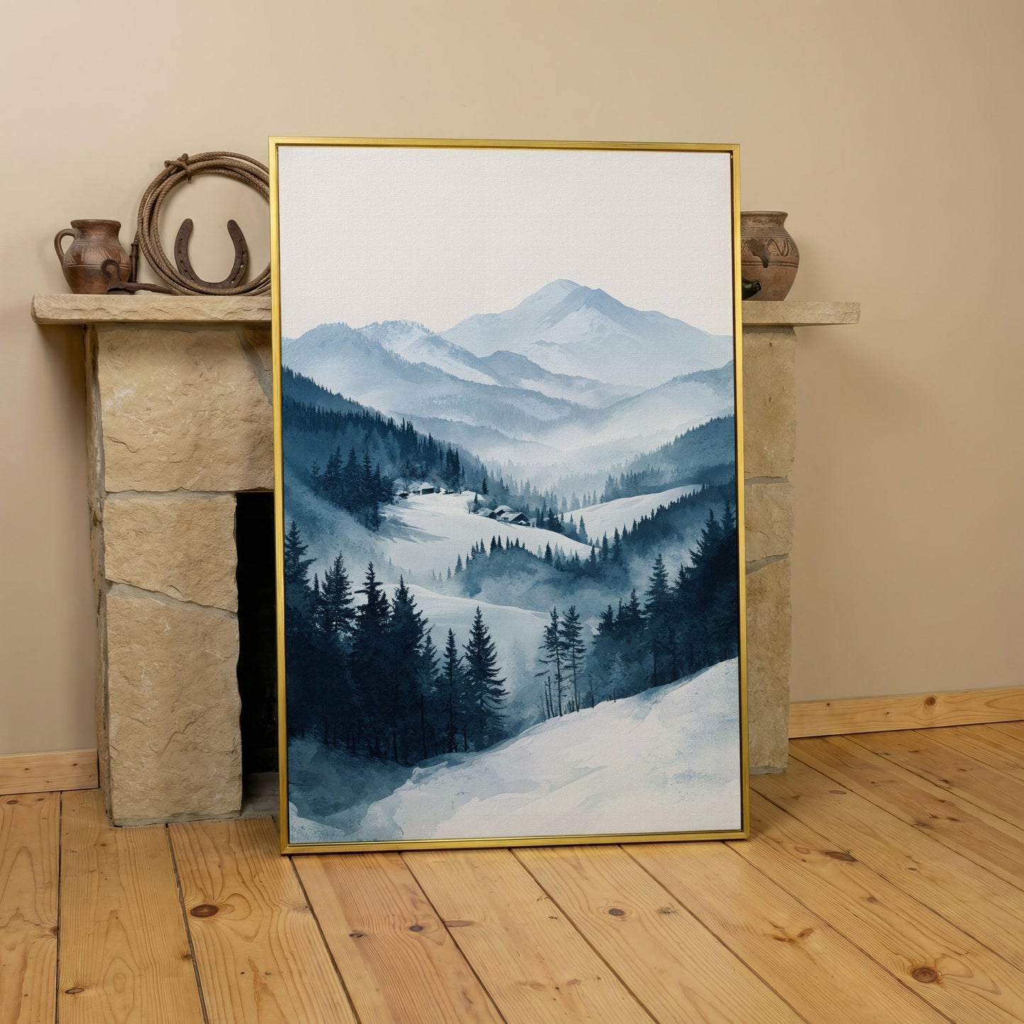 Snowy Mountain Landscape Canvas in yellow gold floating frame
