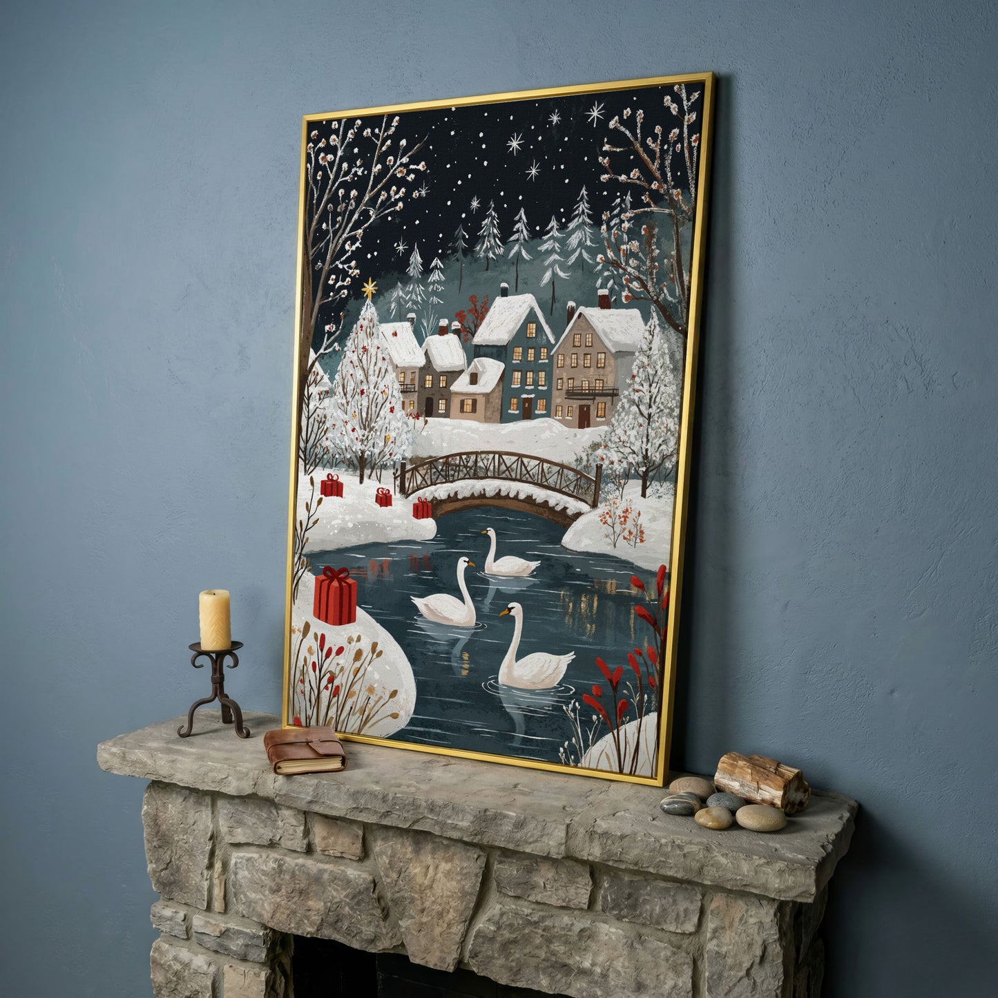 Winter Village with Swans Canvas Print in yellow gold floating frame