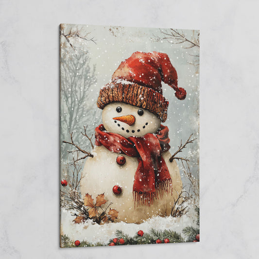 Whimsical Snowman Portrait Canvas, Rust Red & Beige on gallery wrap