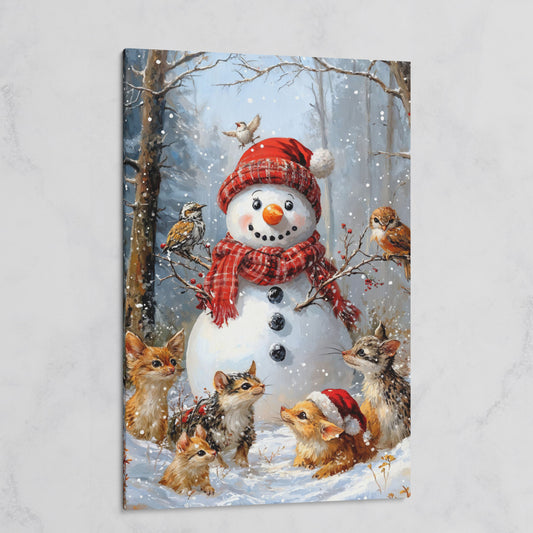 Snowman and Woodland Animals Winter Scene Canvas on gallery wrap