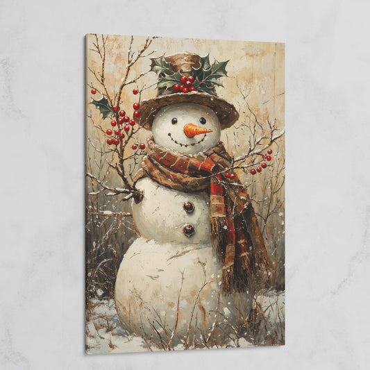 Vintage Snowman with Holly Canvas on gallery wrap