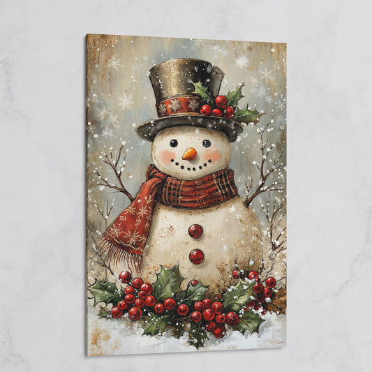 Festive Snowman with Holly Portrait Canvas on gallery wrap