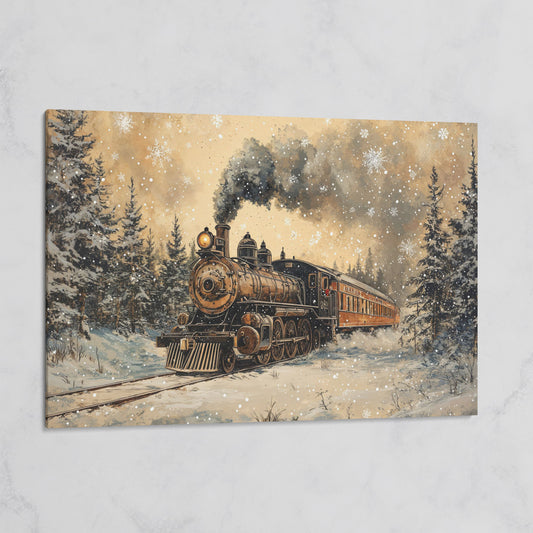 Vintage Christmas Train Winter Landscape Canvas on gallery wrap